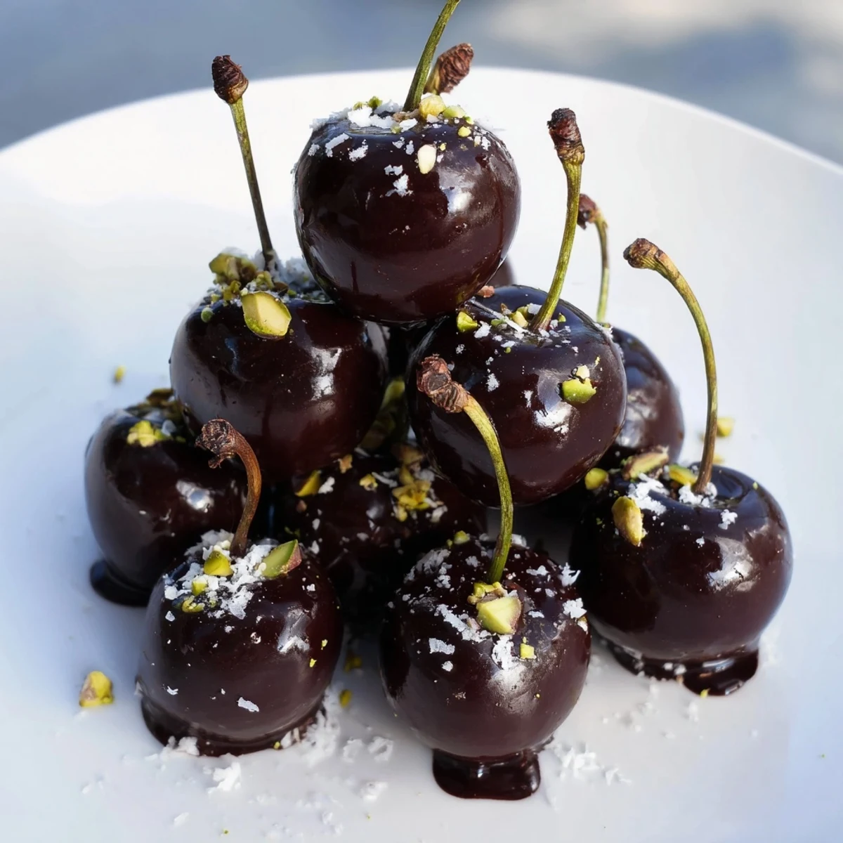 A stunning pyramid of chocolate-covered cherry dessert bites, ready to be enjoyed as the perfect sweet snack.