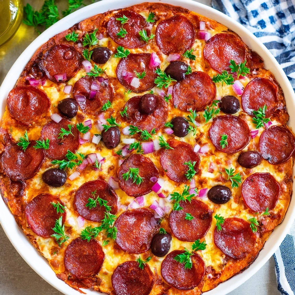 Savory sliced pepperoni and olive halves appetizer, ready to eat, with glistening olive halves on top.