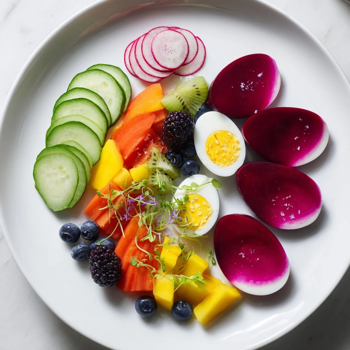 Brightly colored slices in The Neon Night recipe: visually appealing, featuring delicious fruits and pickled bites.