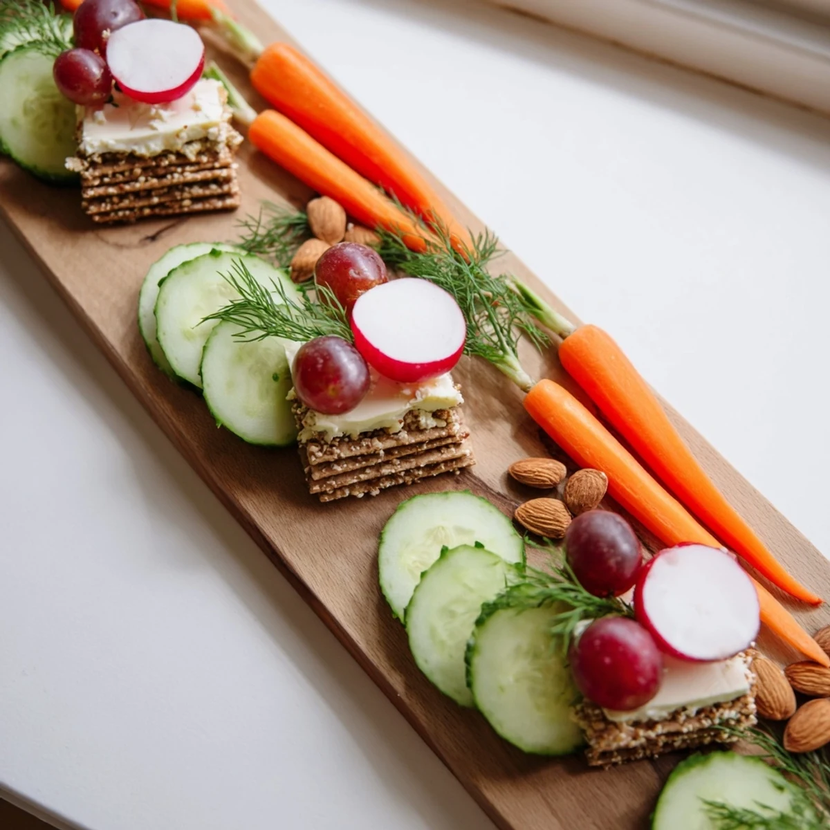 The symmetrical Zen Balance platter displays vibrant grapes, almonds, and goat cheese artistically arranged for harmony.