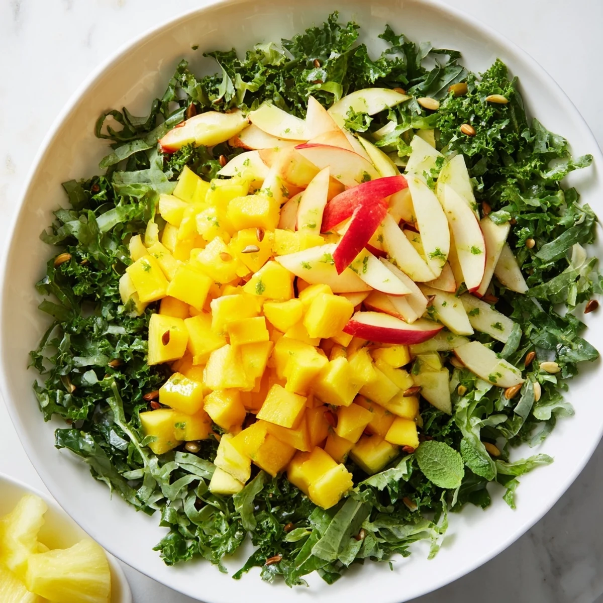 Vibrant The Sunlit Glade salad, featuring juicy yellow fruits and a refreshing green herb forest around them.