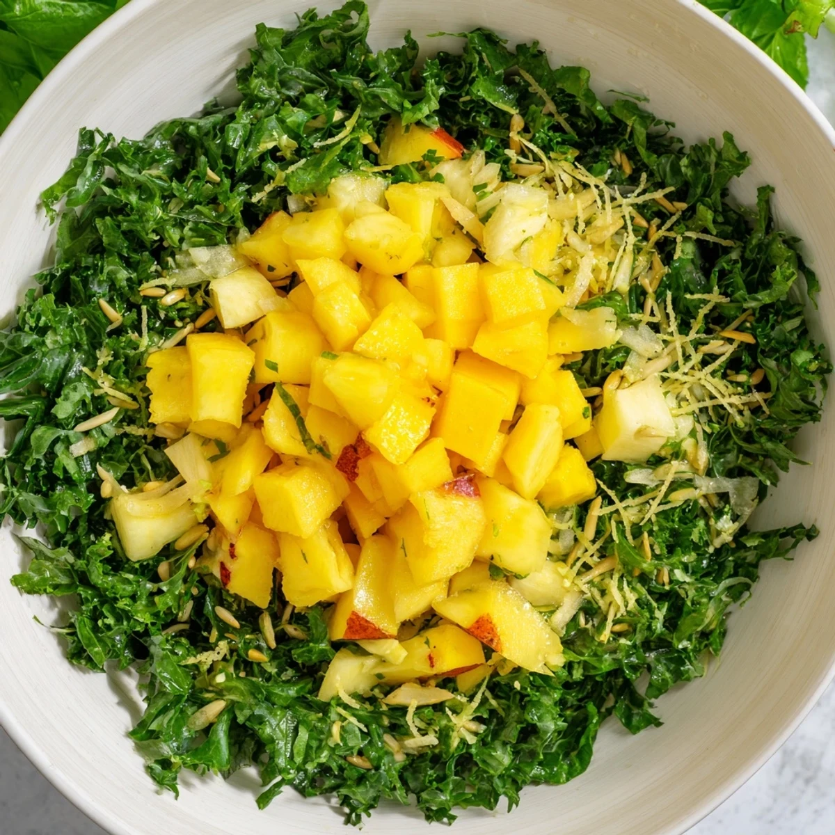 Fresh The Sunlit Glade salad showcases bright mango, pineapple, and greens, sprinkled with toasted seeds.