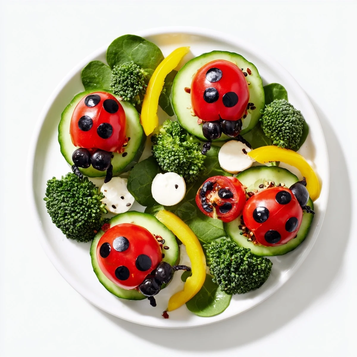 Fresh Ladybug Garden Platter featuring colorful vegetables, mozzarella, and balsamic glaze, ready to serve.