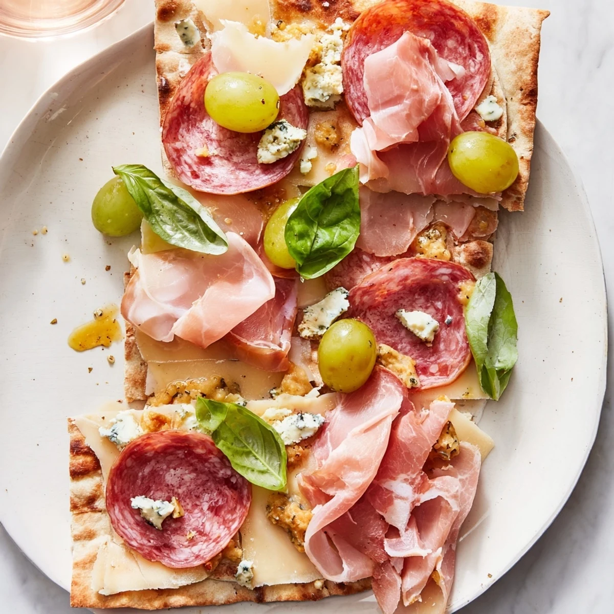 The Rustic Raft appetizer: A beautiful flatbread loaded with meats, cheeses, and fresh toppings.