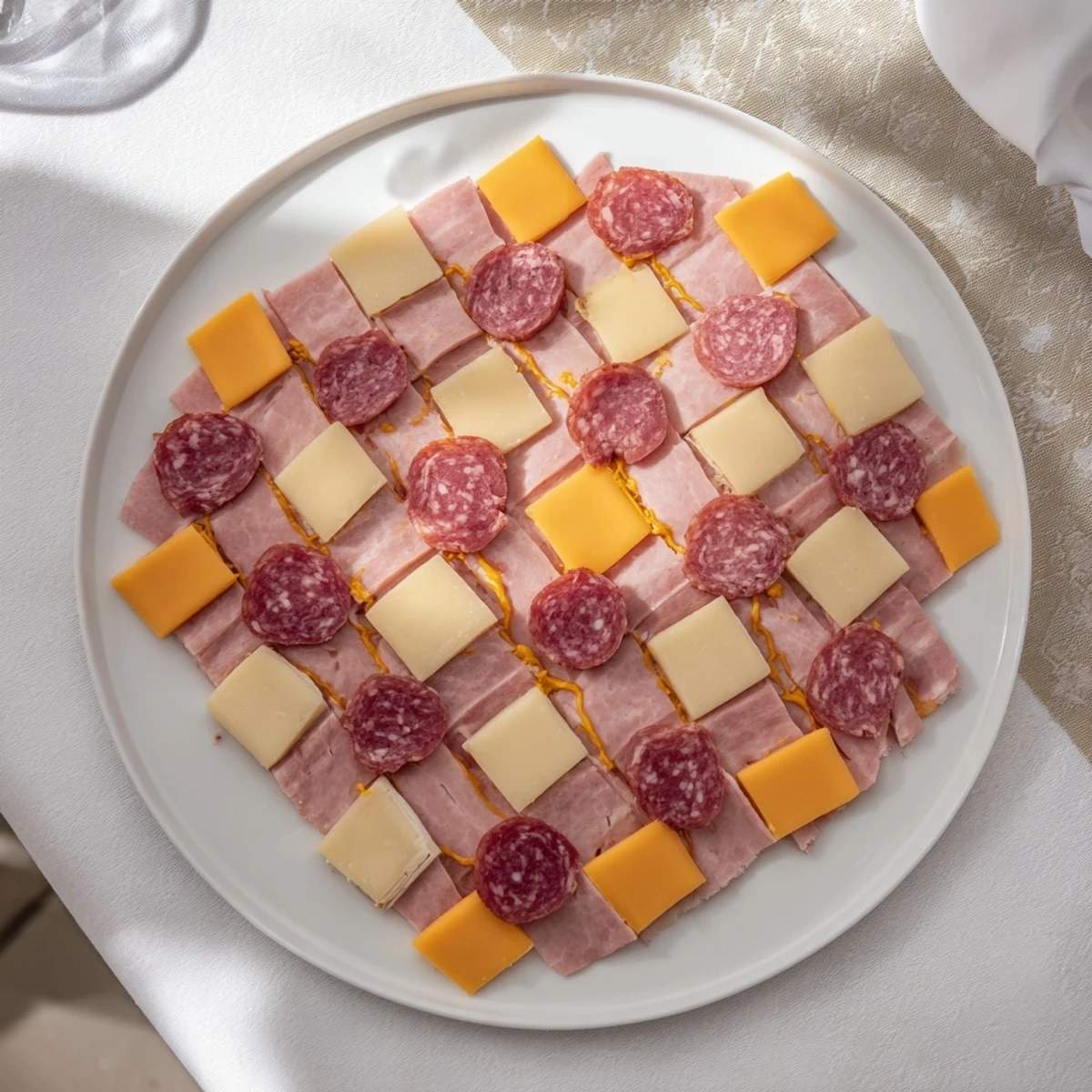 Vibrant squares form the Patchwork Quilt, an easy appetizer brightened with mustard threads, ready to serve..