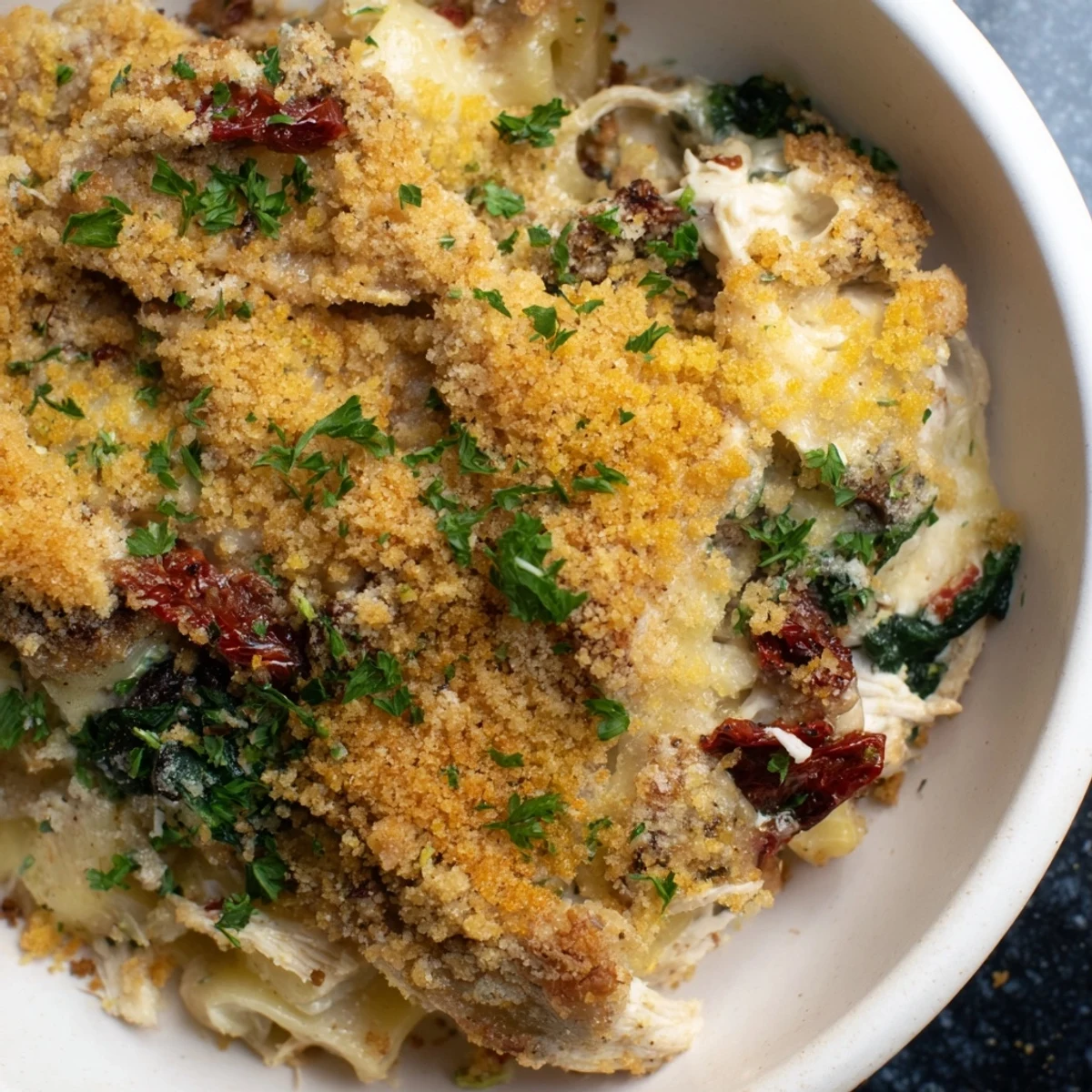 A close-up of creamy Marry Me Chicken Casserole, showcasing the tender chicken and savory sun-dried tomatoes.