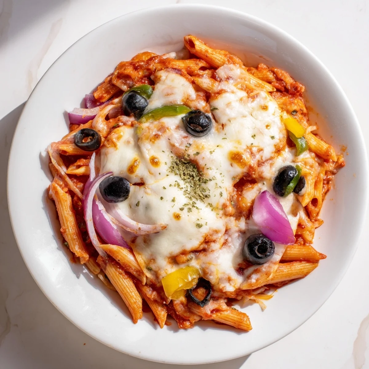 Steaming one-pot pizza pasta express, bubbling with melted mozzarella and colorful pizza toppings.