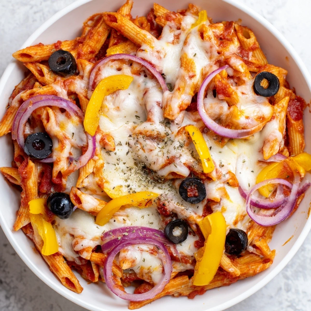 A close-up of delicious one-pot pizza pasta express, showcasing melted cheese and pepperoni slices.