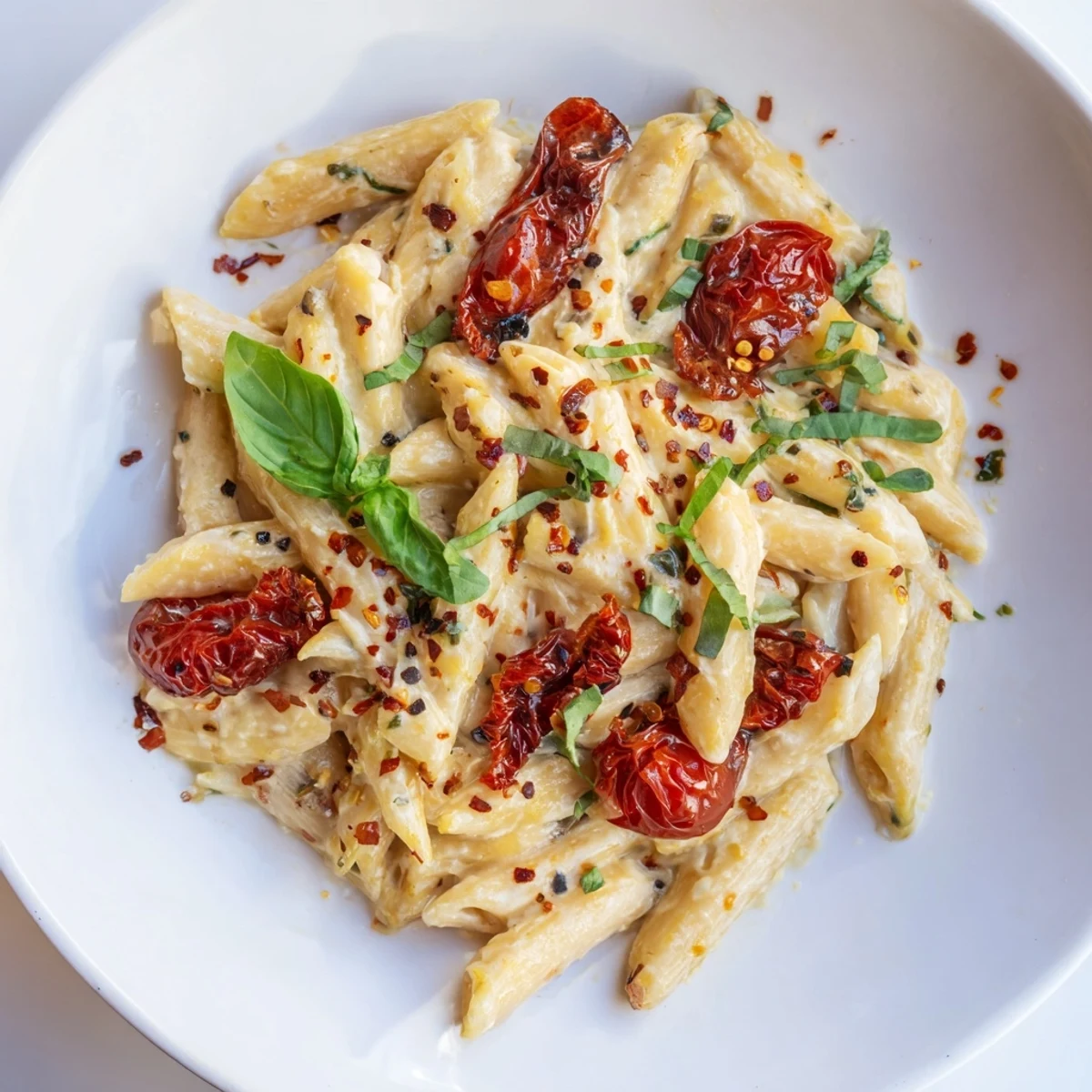 A beautifully plated Boursin cheese pasta, rich with roasted tomatoes and herbs, a delicious vegetarian meal.