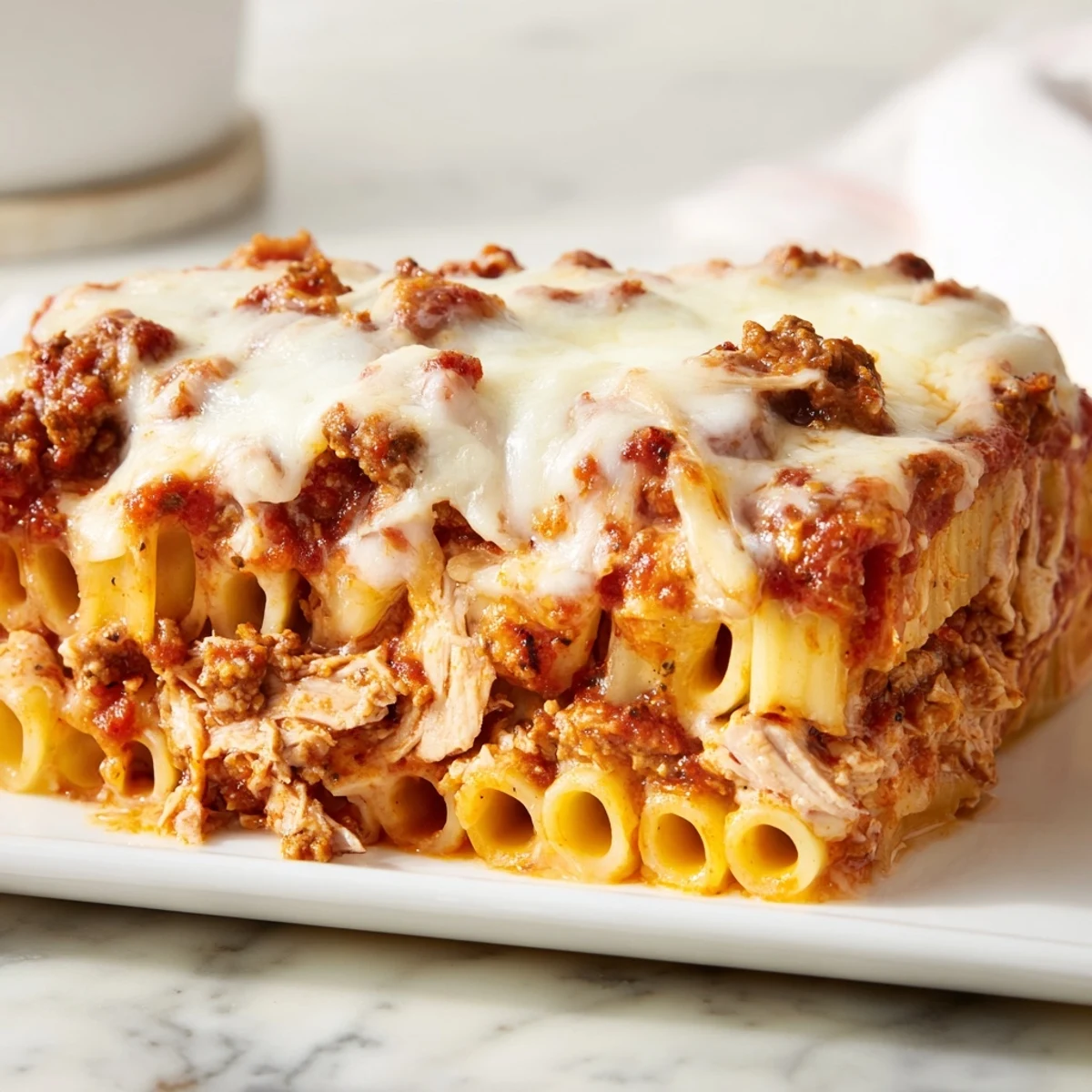 A bubbling pan of Moist Maker Pasta Casserole, showcasing golden cheese topping and gravy-soaked center.