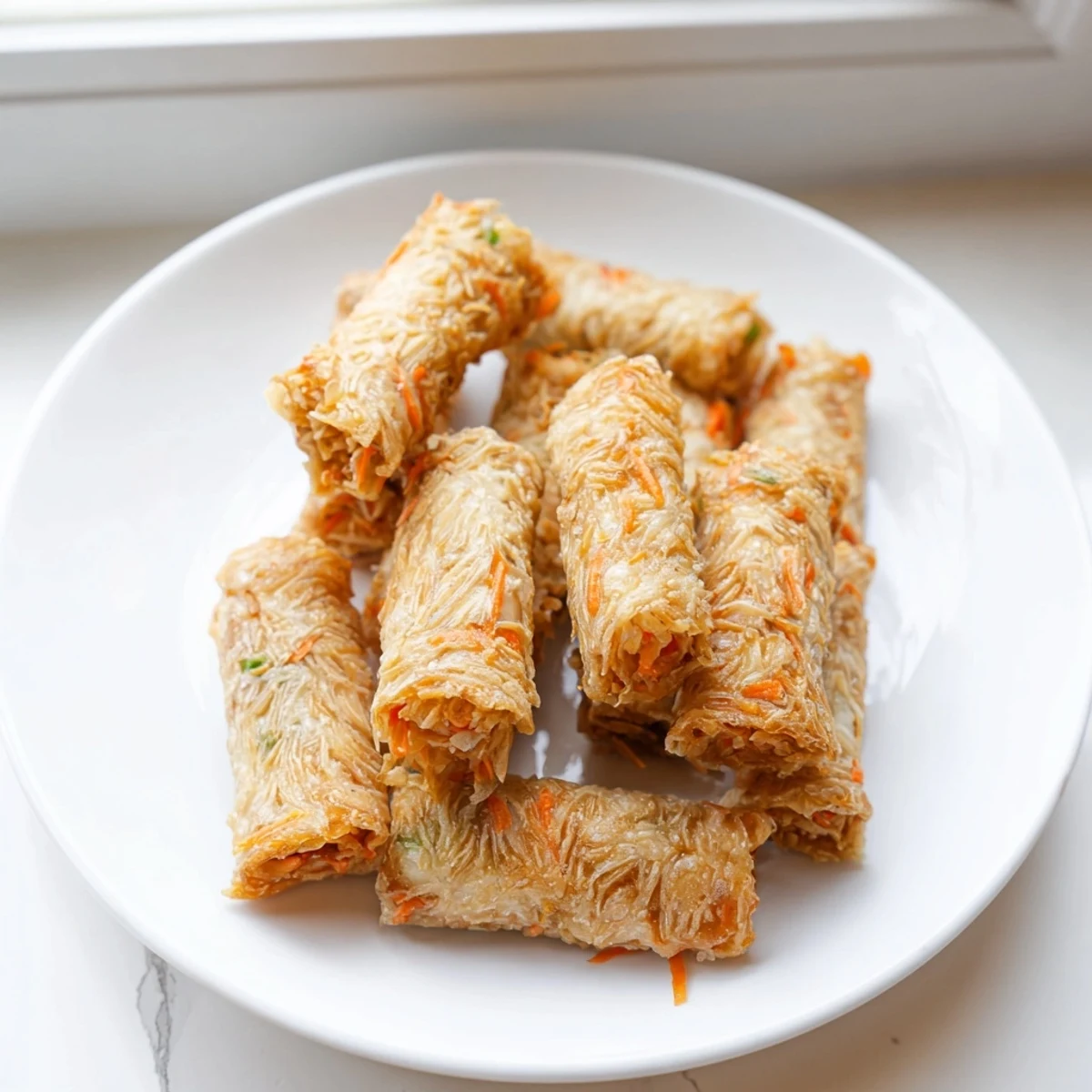 Air Fryer Chicken Lumpia Bites arranged on a plate—small, perfectly browned, and delicious-looking Filipino snacks.