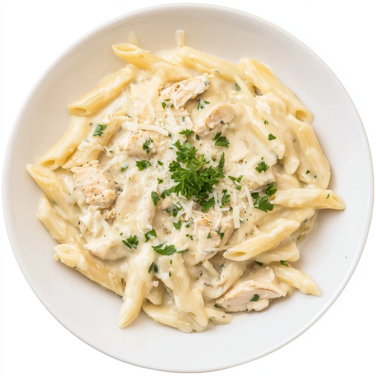 Creamy Tinis Chicken Pasta with shredded chicken and a rich, Parmesan-infused cream sauce, ready to serve.