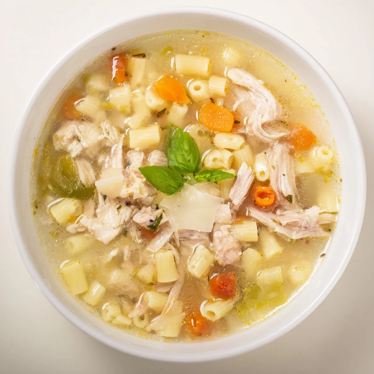 Creamy, Italian-inspired Marry Me Chicken Soup with tender chicken, vegetables, and Parmesan garnish in a bowl.