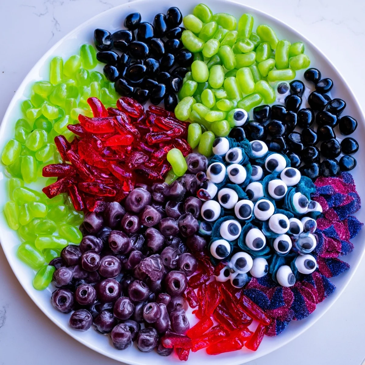 Vibrant Poison Apple Candy Platter: A colorful Halloween dessert featuring various apple and "poison" candies.