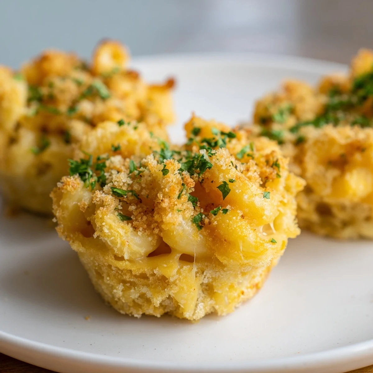 Golden-brown Tinis Mac and Cheese muffins sit ready, boasting a crispy top and cheesy filling.