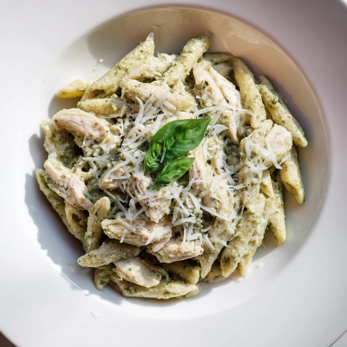 Tossed 10-Minute Pesto Pasta with Chicken, garnished and ready for a flavorful, quick weeknight meal.