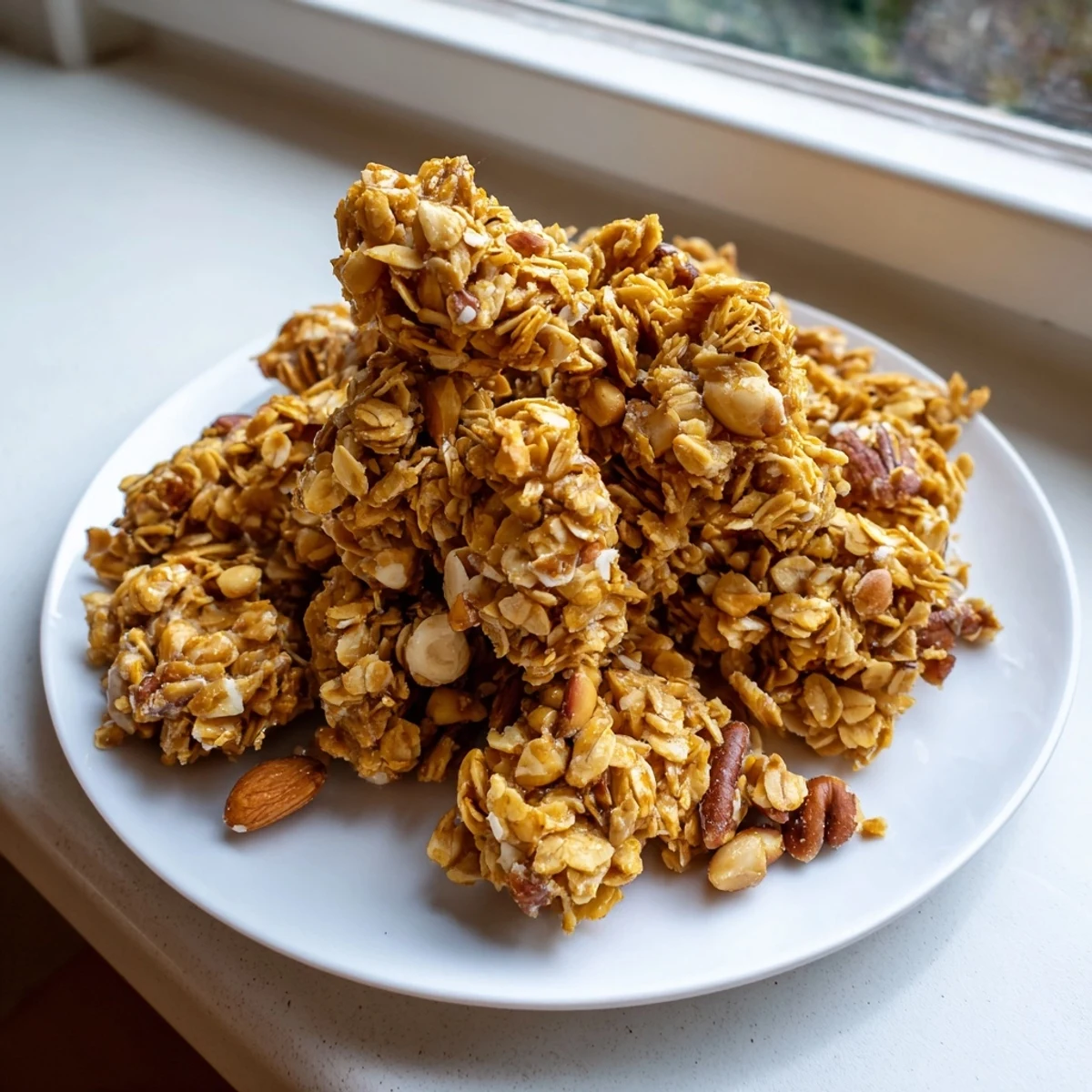 Freshly baked Honey Nut Granola Clusters, a beautifully textured mix of oats and nuts with honey.