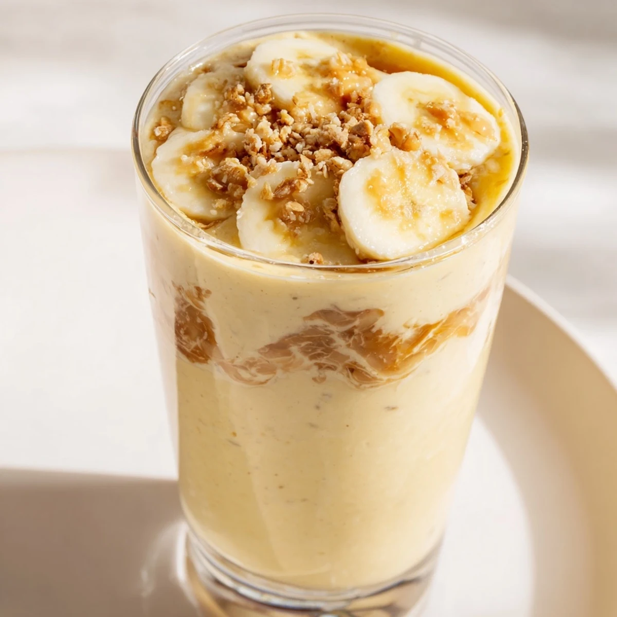 A tall glass overflowing with a luscious Peanut Butter Banana Smoothie, perfect for a refreshing treat.