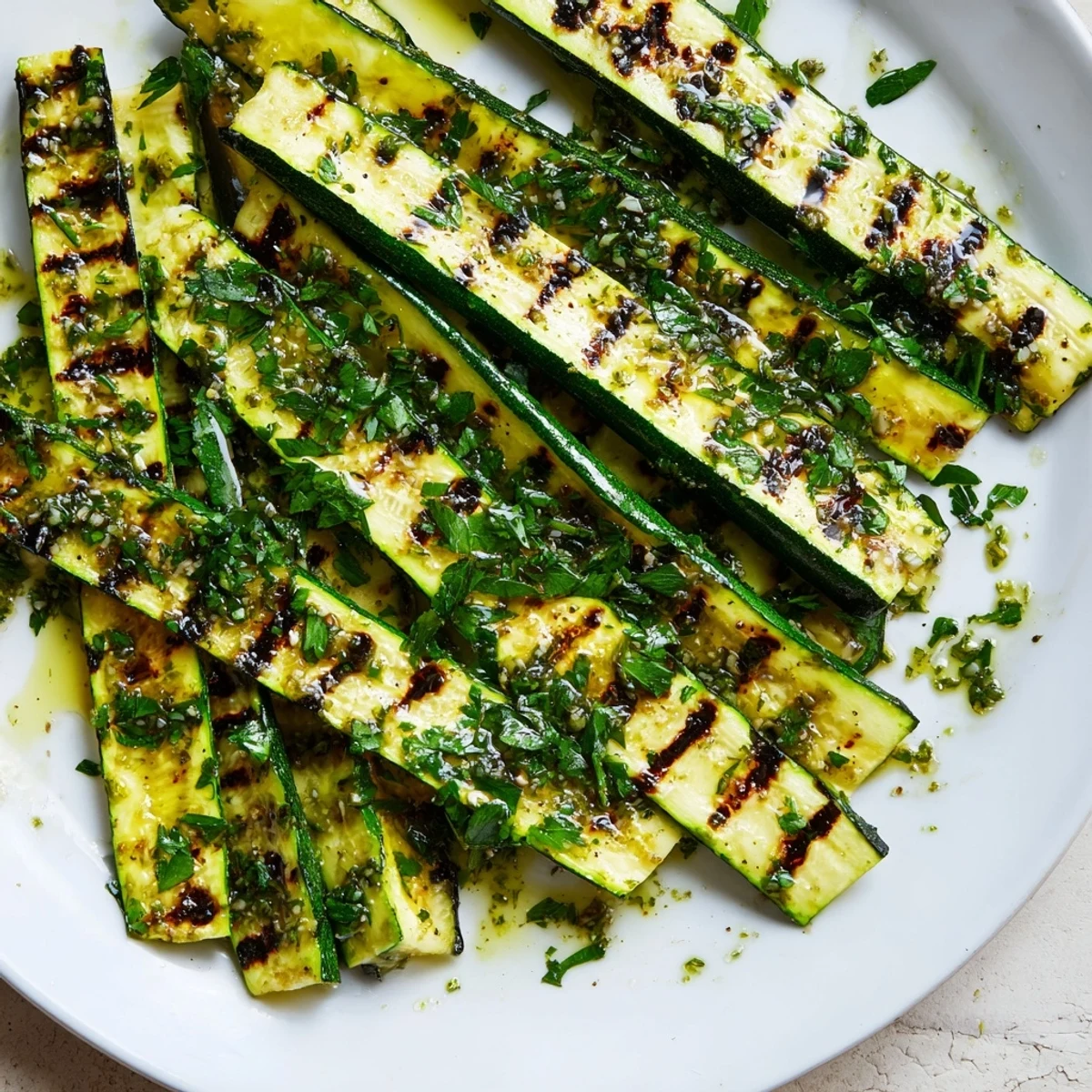 Grilled, juicy Garlic Herb Grilled Zucchini with char marks, offering a fresh, flavorful bite.