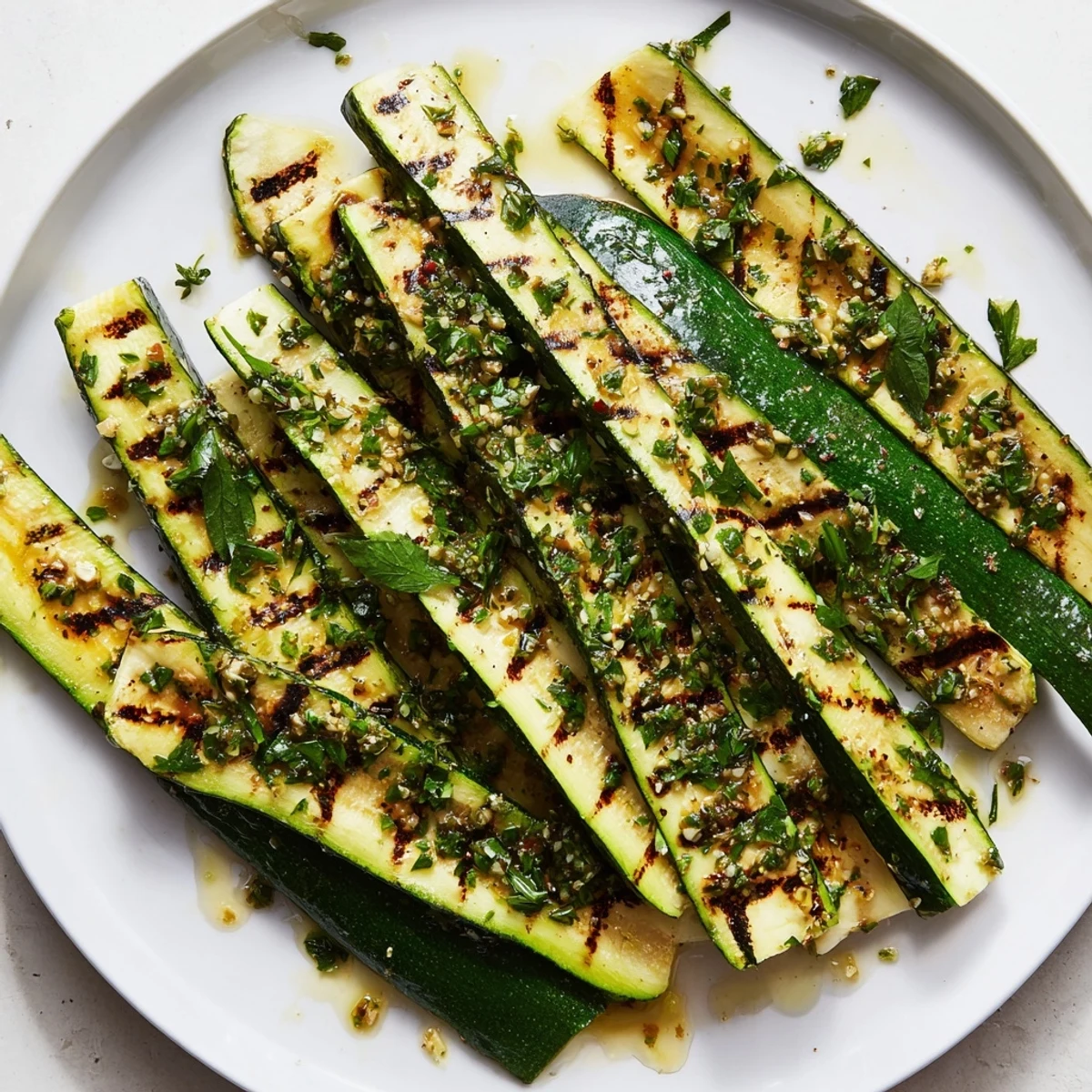 Beautifully plated Garlic Herb Grilled Zucchini, seasoned with vibrant herbs, ready for a Mediterranean feast.