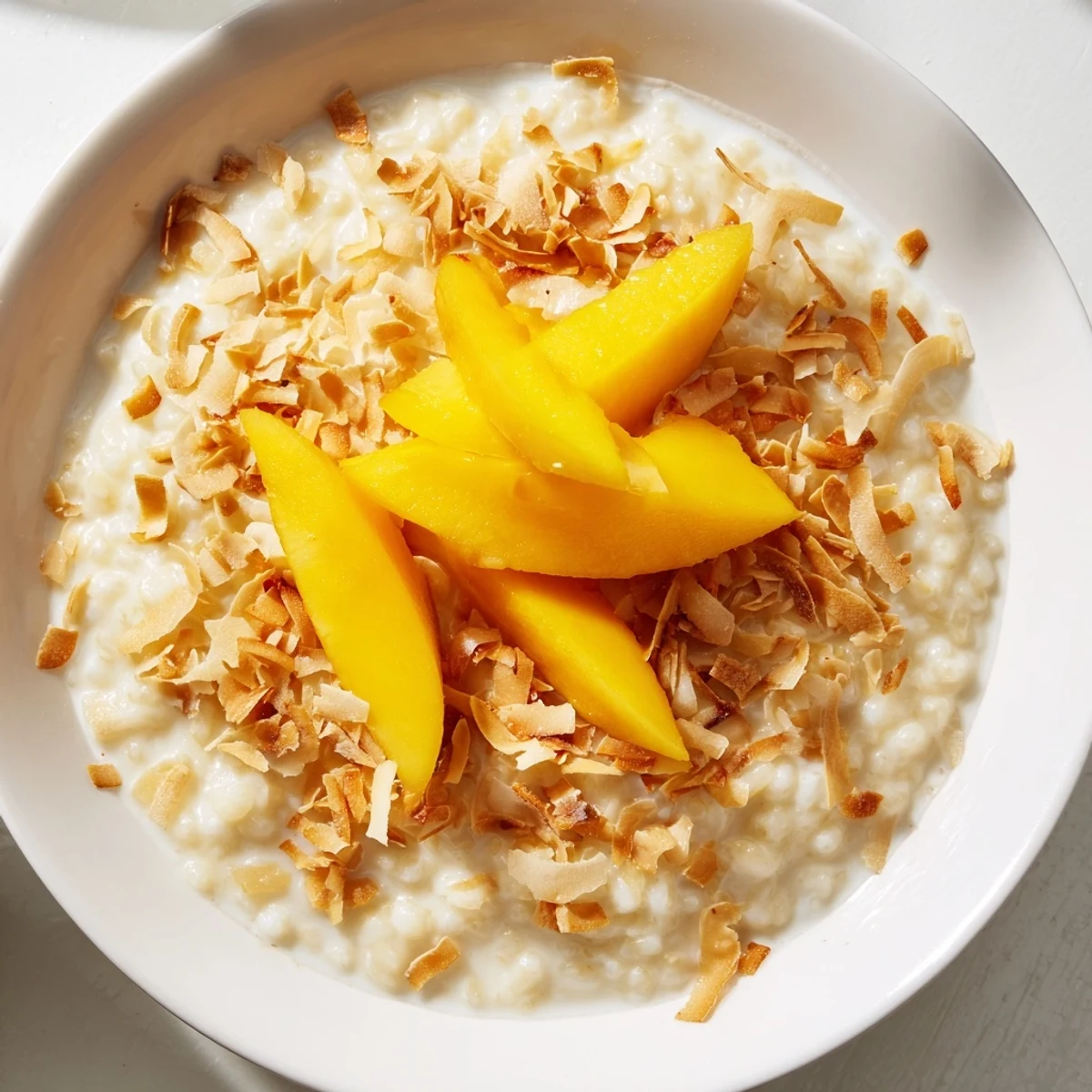 Warm, creamy Toasted Coconut Rice Pudding topped with toasted coconut flakes and fresh mango slices.