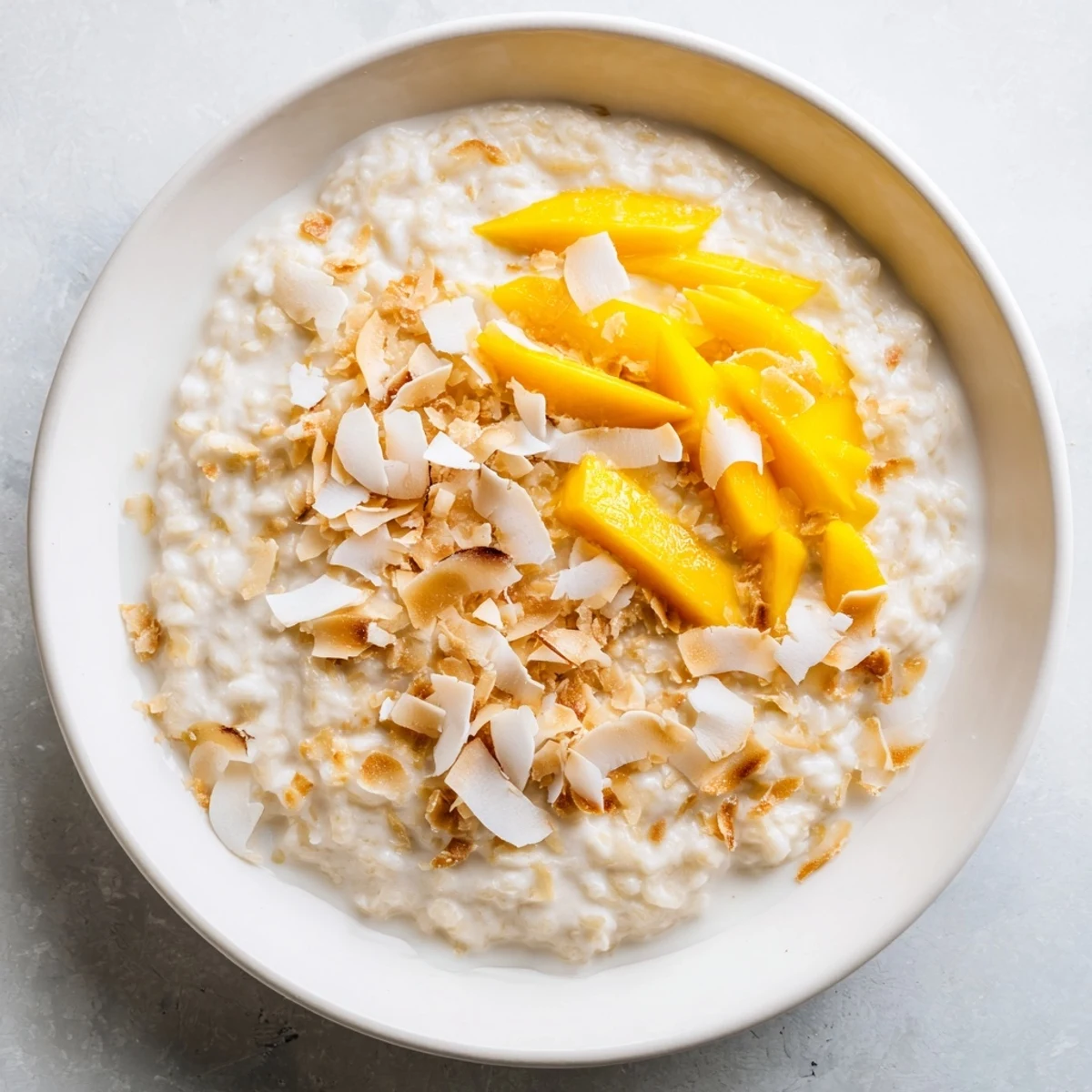 A close-up shot of decadent, comforting Toasted Coconut Rice Pudding, perfect for a tropical dessert.