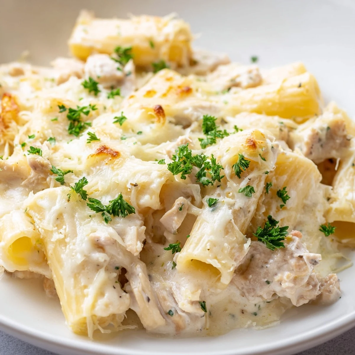 A bubbling casserole of creamy Chicken Alfredo Bake, filled with tender chicken and pasta.
