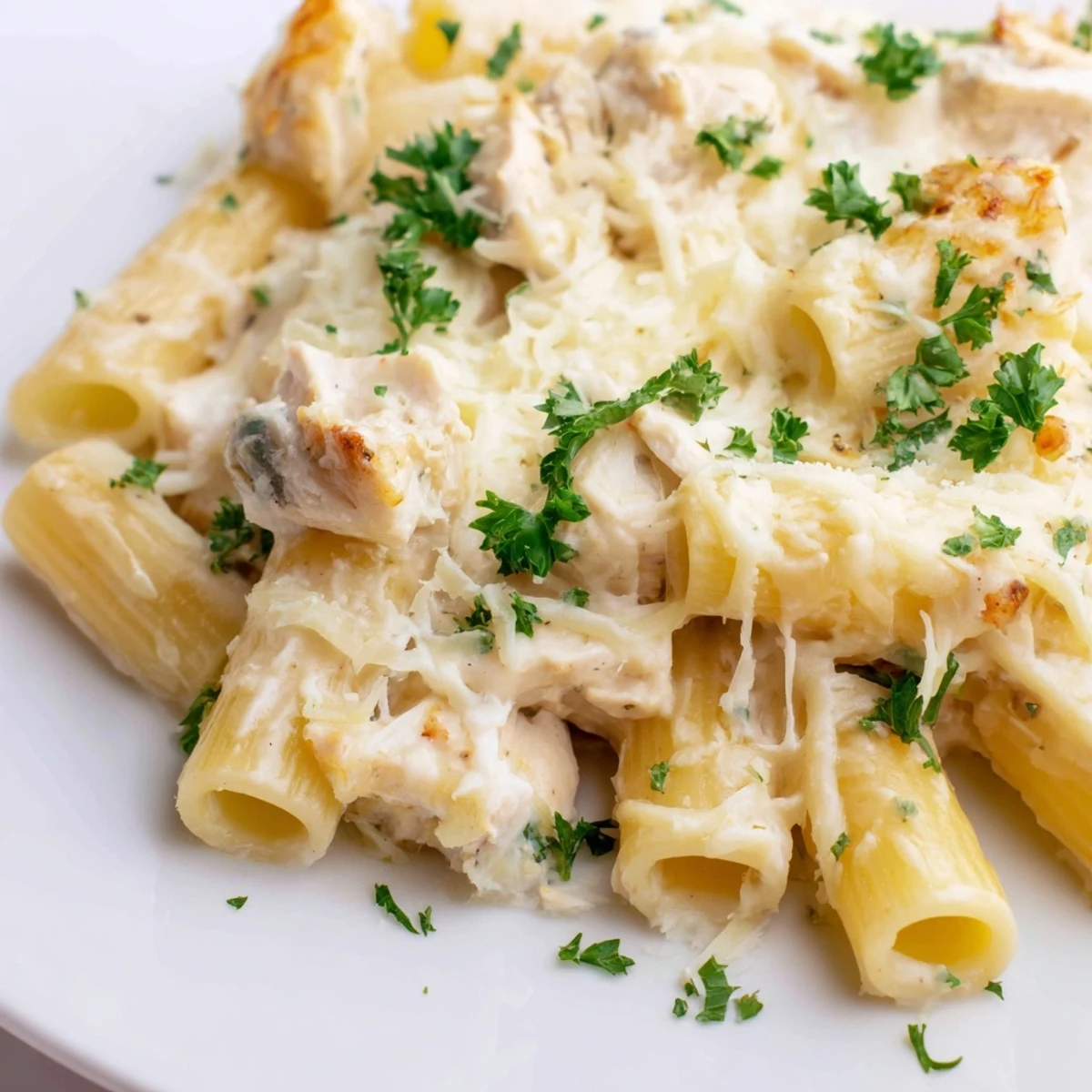 Close-up of a cheesy and decadent Chicken Alfredo Bake, perfect for a comforting weeknight meal.