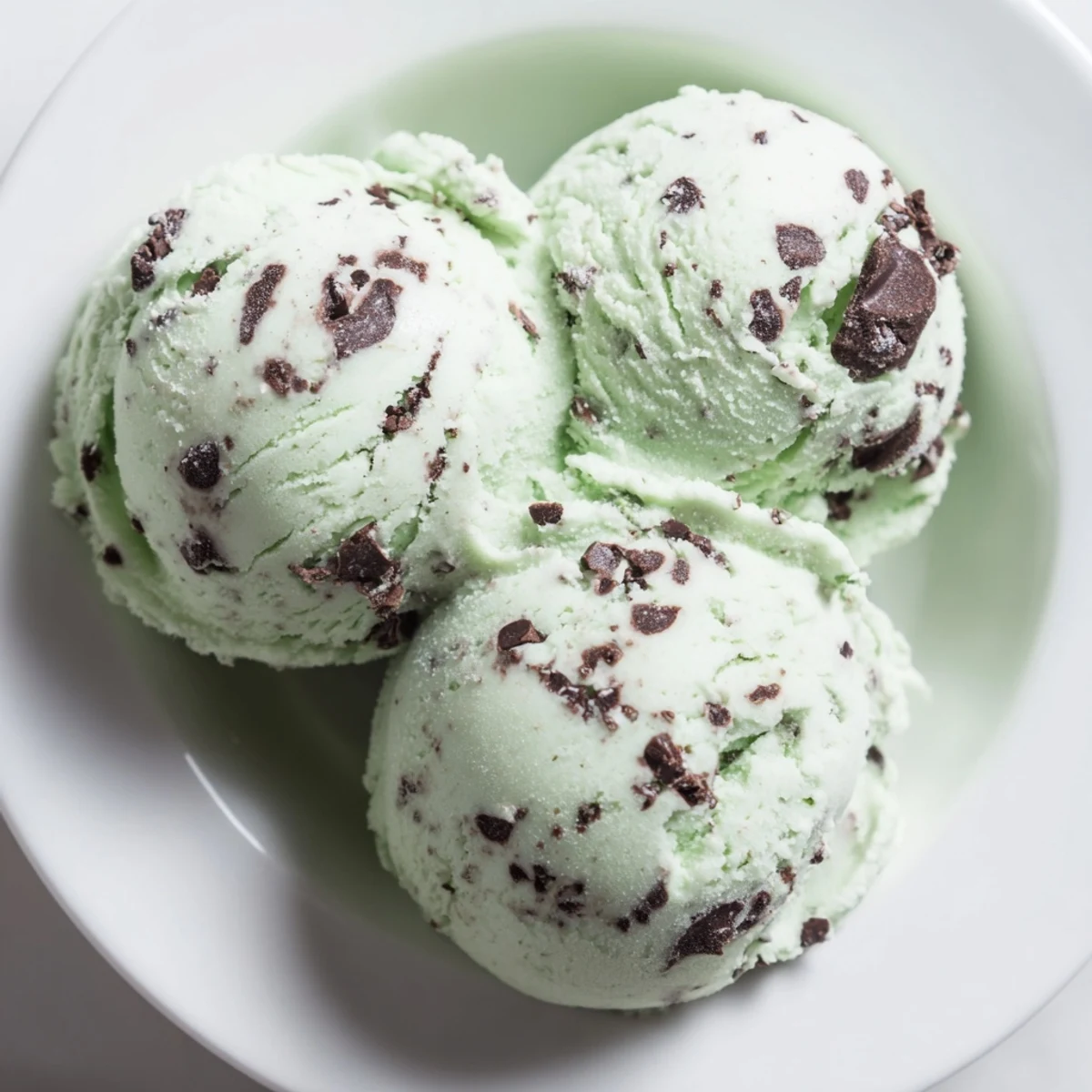 A scoop of rich, homemade mint chocolate chip ice cream, swirled with dark chocolate.