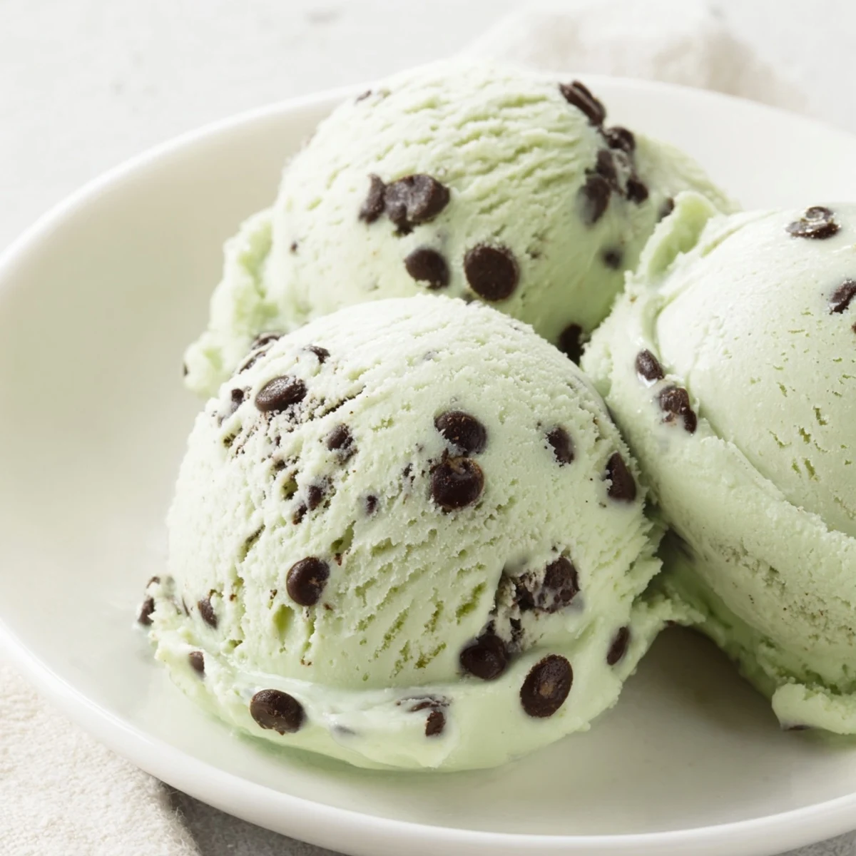Close-up of refreshing mint chocolate chip ice cream: a perfect summer dessert with a creamy texture.