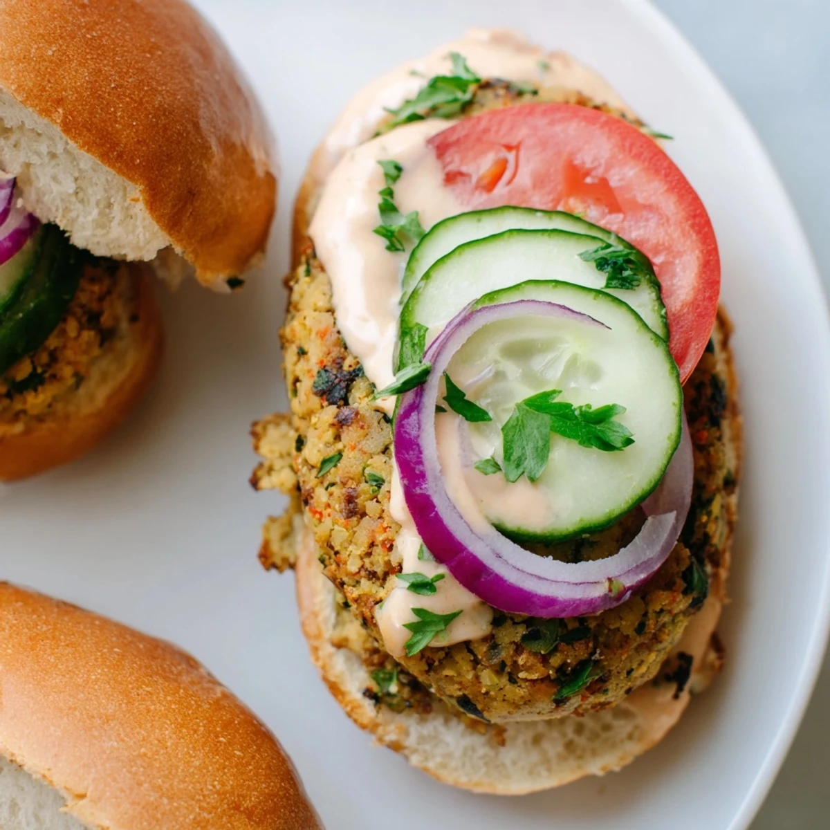 Golden-brown Baked Falafel Sliders, promising a flavorful Middle Eastern meal with fresh veggies and tahini.