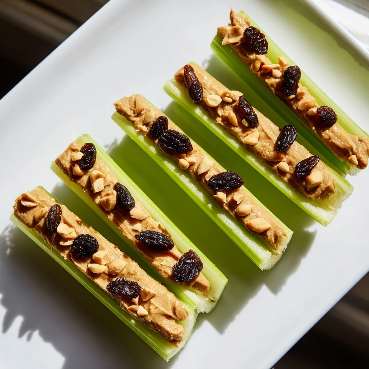 Close-up photo of classic peanut butter celery sticks, ready to eat, a simple vegetarian snack.