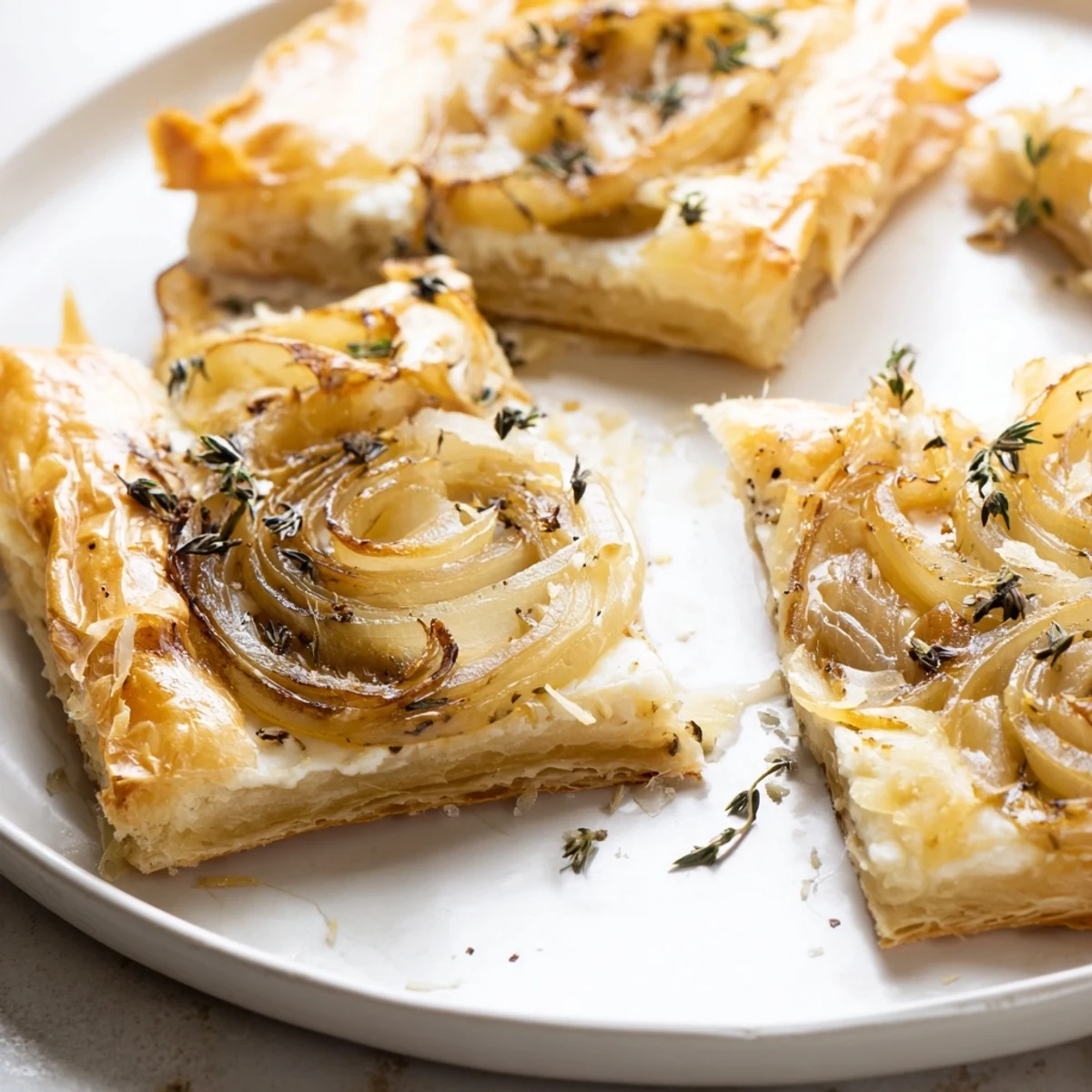 A close-up of a warm, rustic Caramelized Onion Tart, showcasing the savory caramelized onions and cheese.