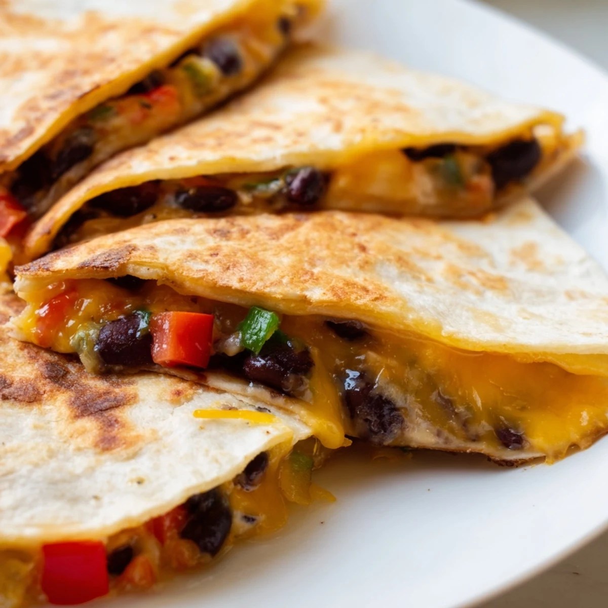 A warm, delicious black bean quesadilla, with melted cheese oozing from the flour tortilla.