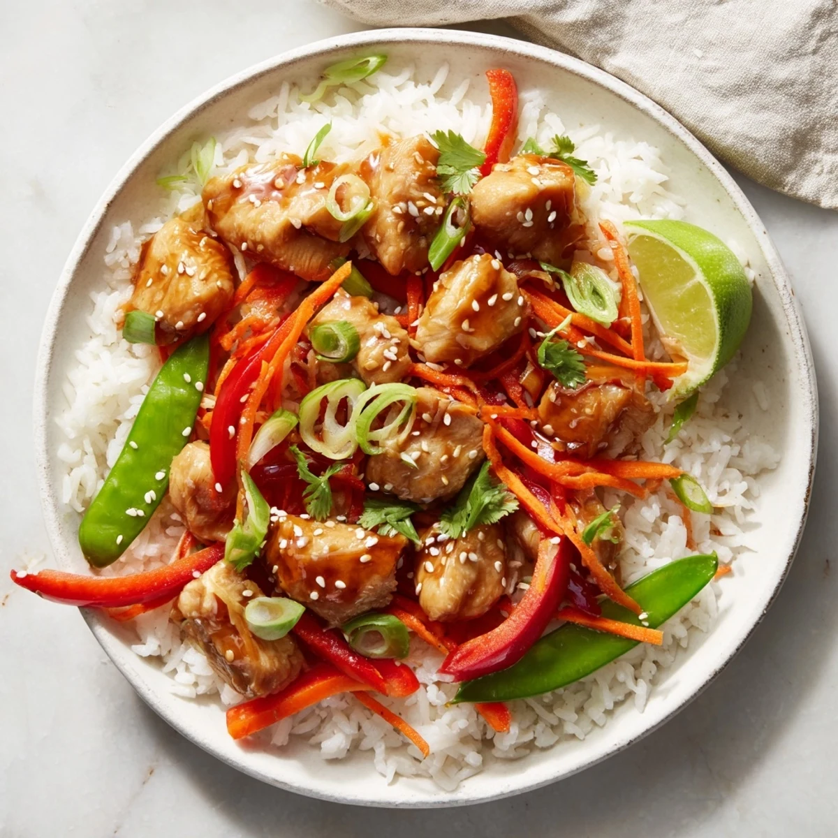 A delicious Sesame Ginger Rice Bowl, showcasing a glistening chicken and fresh veggie medley piled on fluffy rice.