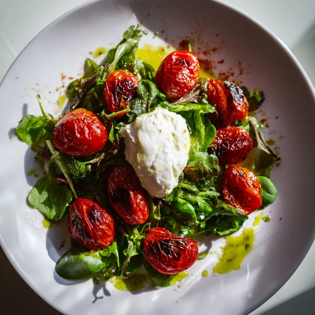 Vibrant Charred Tomato Salad with Burrata, drizzled with basil-infused olive oil, ready to serve.