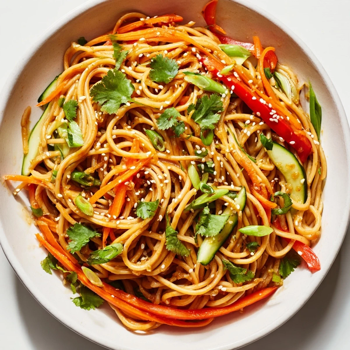 Enjoy a refreshing bowl of Garlic Noodle Salad with crisp veggies and toasted sesame seeds.