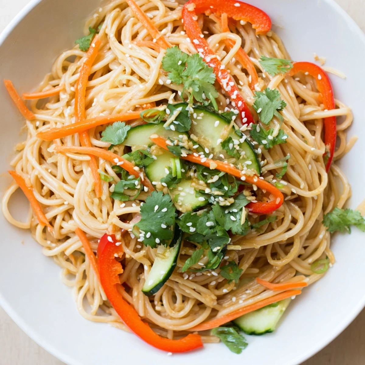 This Garlic Noodle Salad features perfectly tossed noodles with fresh herbs, ready to be enjoyed.