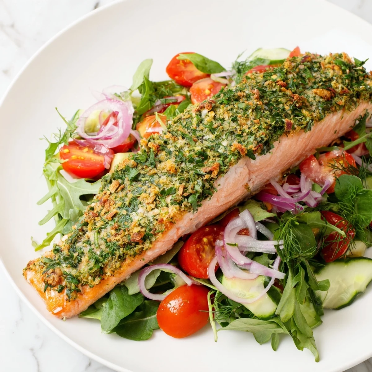 Warm, flaky herb-crusted salmon salad rests on a bed of fresh greens, drizzled with vinaigrette.