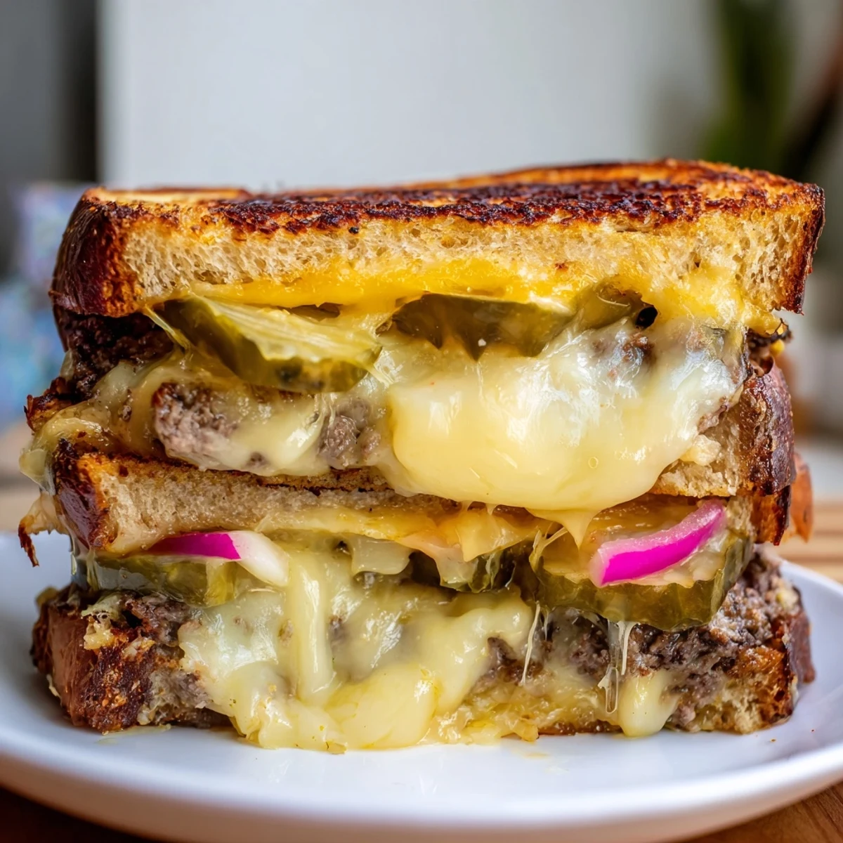 Golden-brown Smashed Burger Grilled Cheese, oozing melted cheddar, a delicious, hearty American meal.