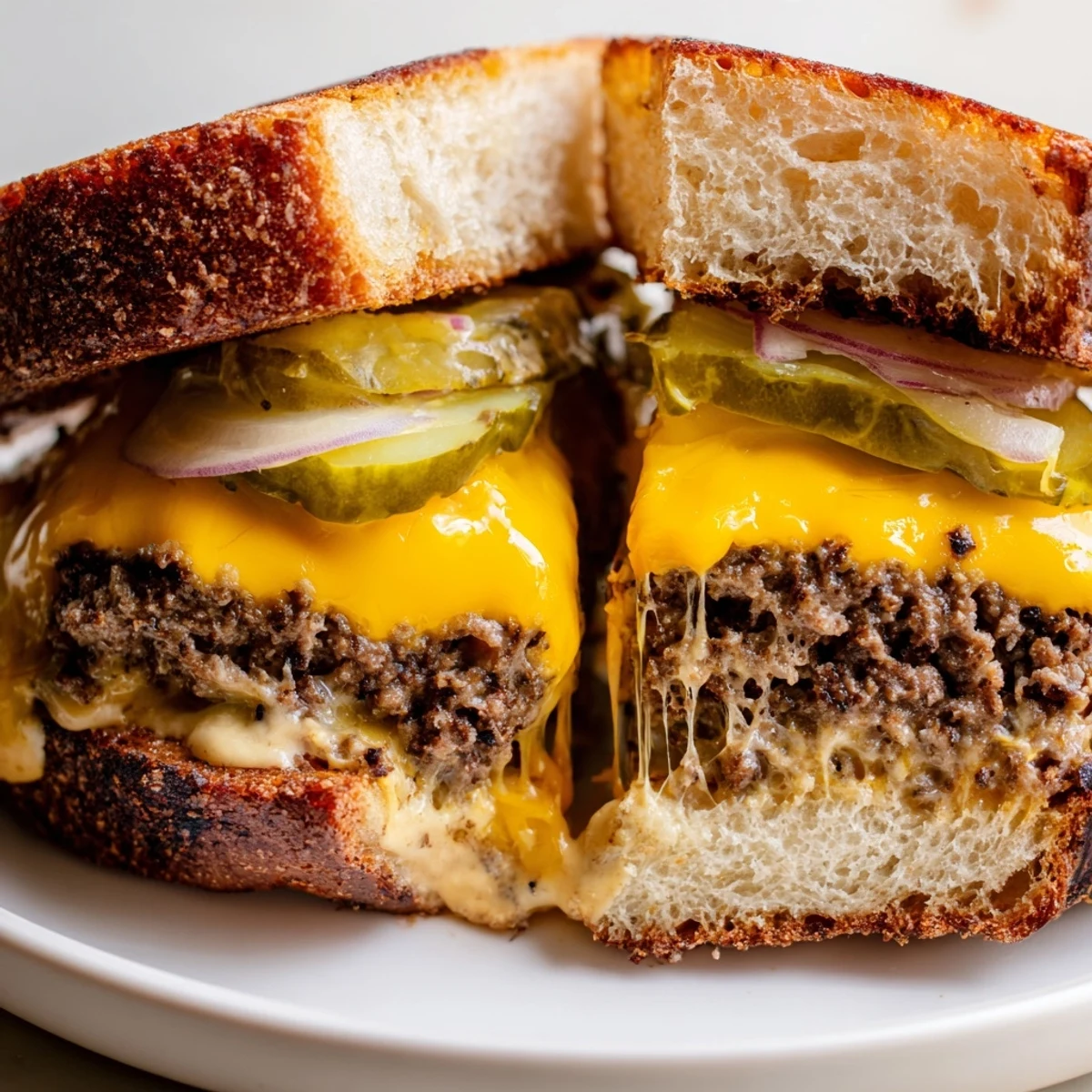 This Smashed Burger Grilled Cheese features a juicy, thin patty between crispy, buttery golden bread slices.