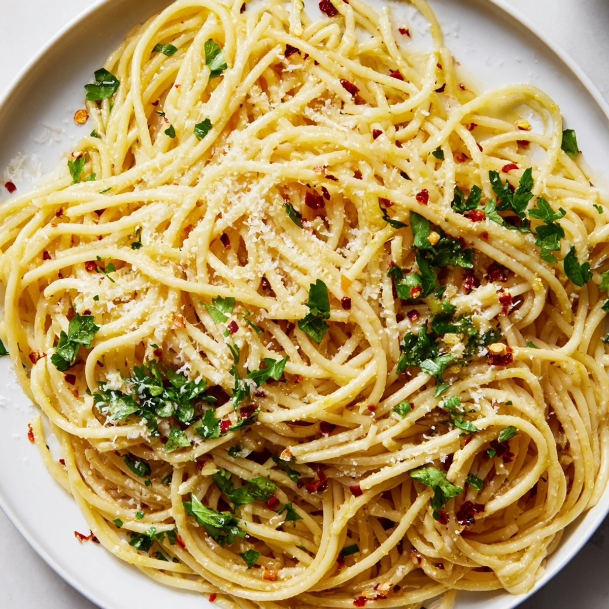 Steaming plate of Aglio e Olio express pasta, glistening with garlic-infused oil and fresh parsley garnish.