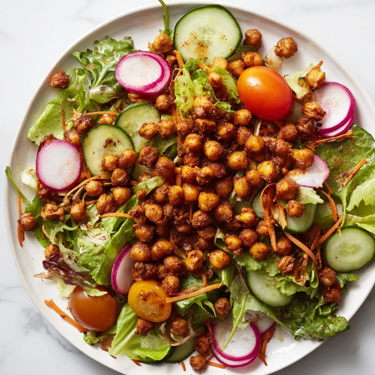 Fresh, flavorful salad featuring mixed greens and delicious crispy chickpea croutons.