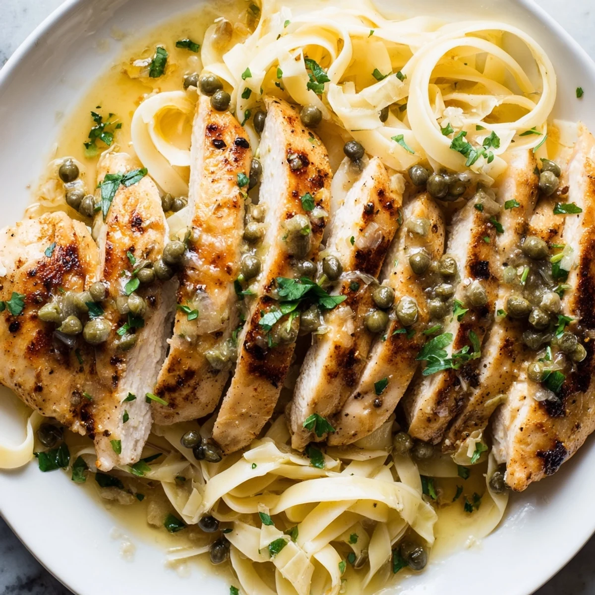 Quick Chicken Piccata Pasta with a vibrant lemon sauce, capers, and tender chicken slices.