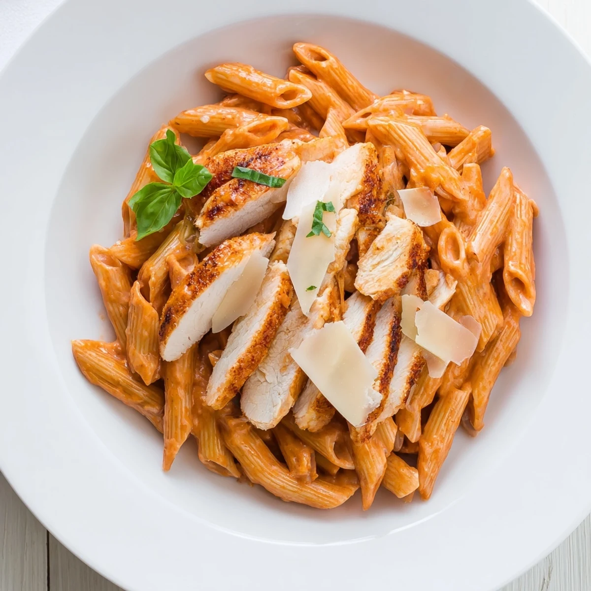 Creamy Tomato Basil Chicken Pasta with basil garnish, a comforting Italian-American dinner, ready to eat.