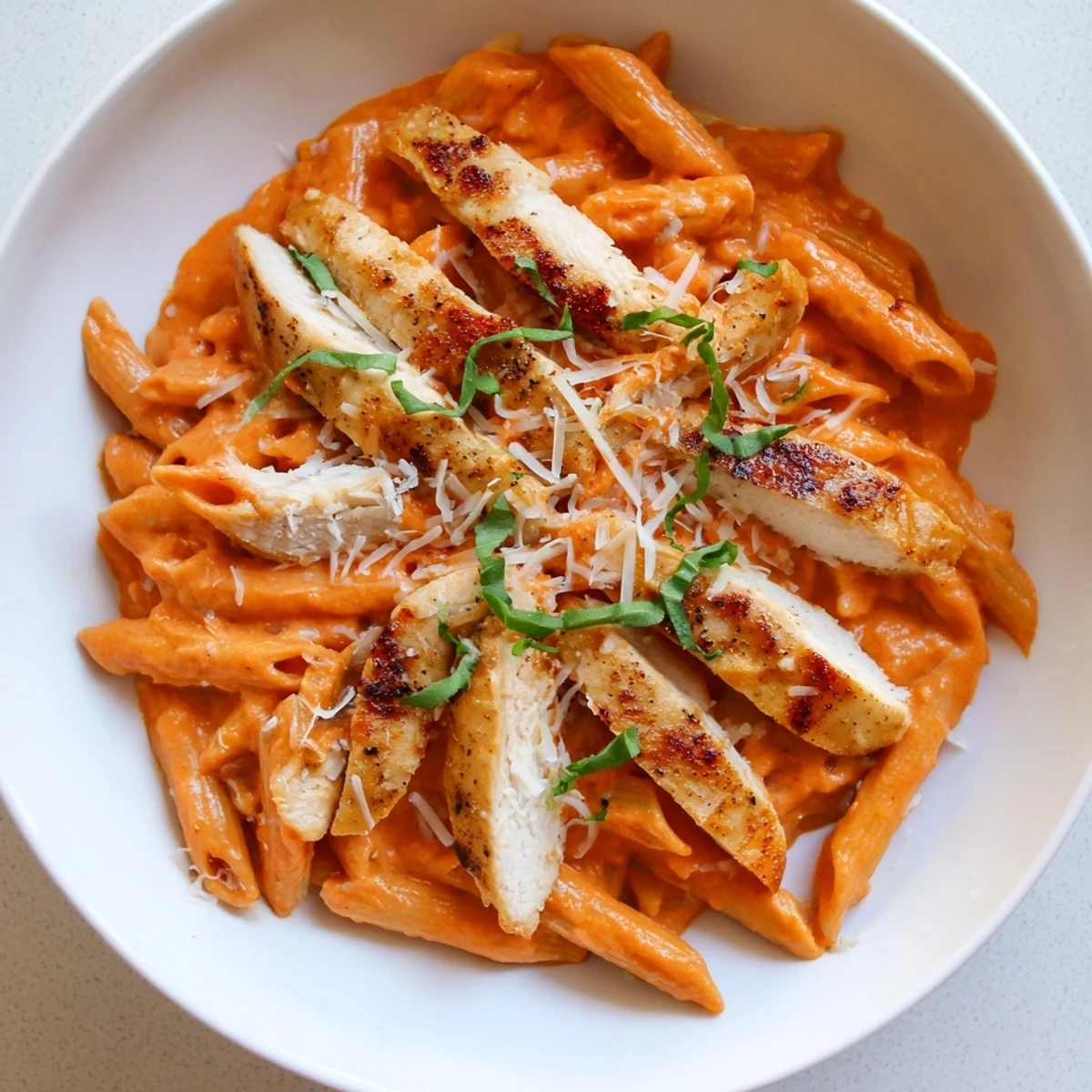 Golden chicken and penne pasta bathed in rich Creamy Tomato Basil Chicken Pasta sauce, Parmesan dusted.
