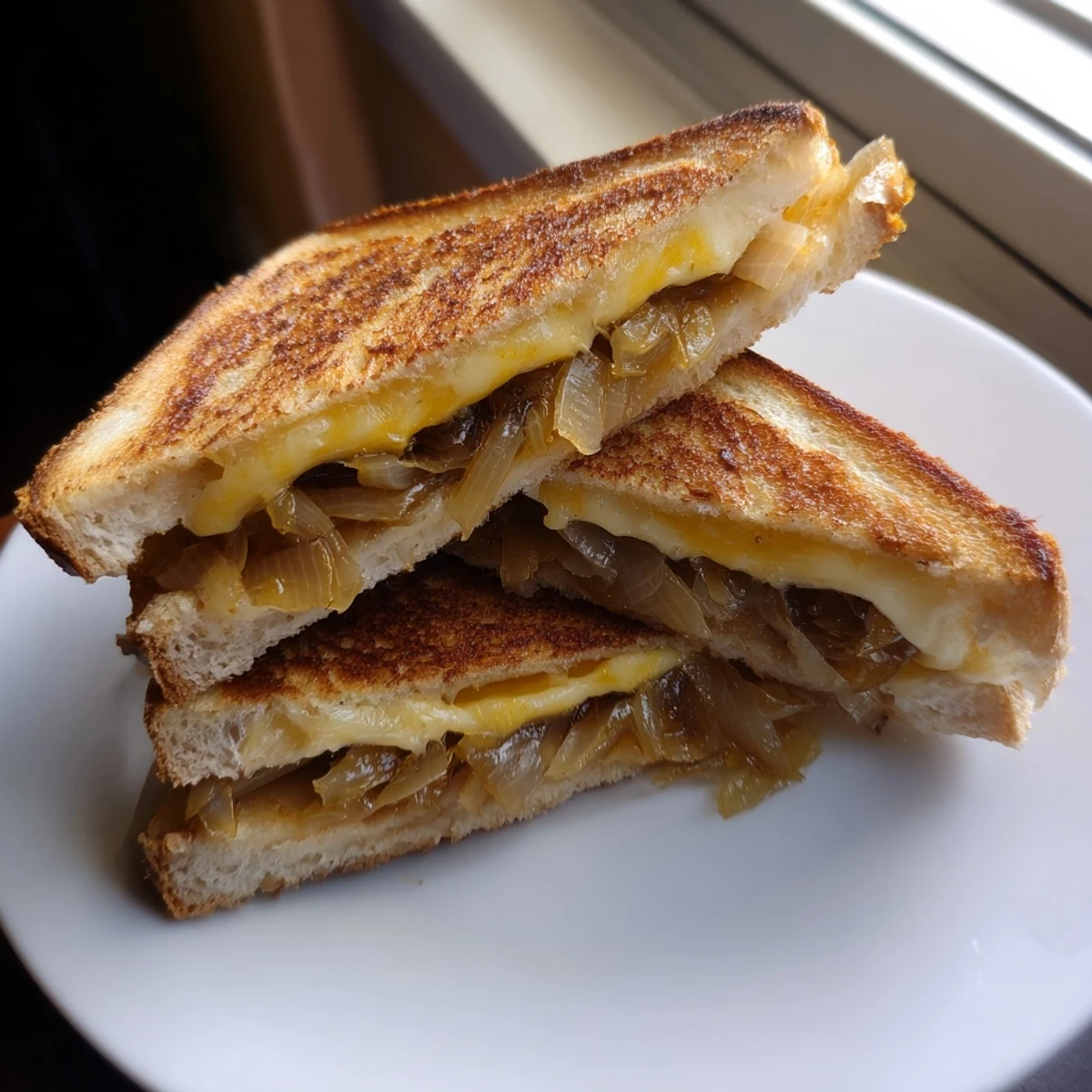 Perfectly grilled Caramelized Onion and Gruyère Grilled Cheese, showcasing caramelized onions nestled in creamy cheese, a comfort food classic.