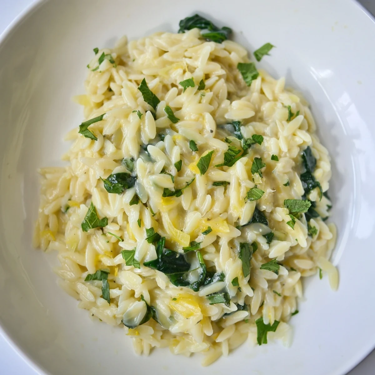 A close-up of the finished one-pot creamy orzo, showing the cheesy, creamy sauce.
