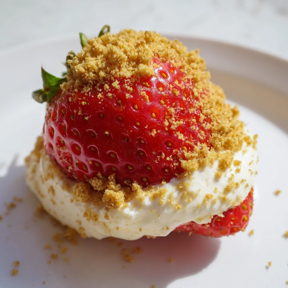 Close-up of Cheesecake Stuffed Strawberries; the creamy filling peeks out from juicy, red strawberries, ready to enjoy.