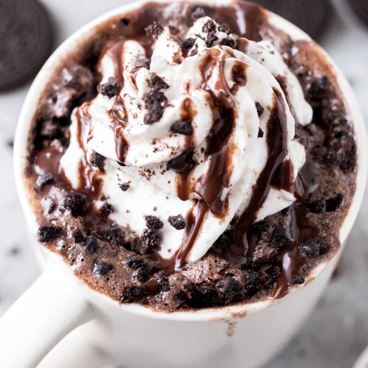 Warm, gooey Oreo Mug Cake, perfect for a quick and satisfying chocolate dessert, fresh from the microwave.